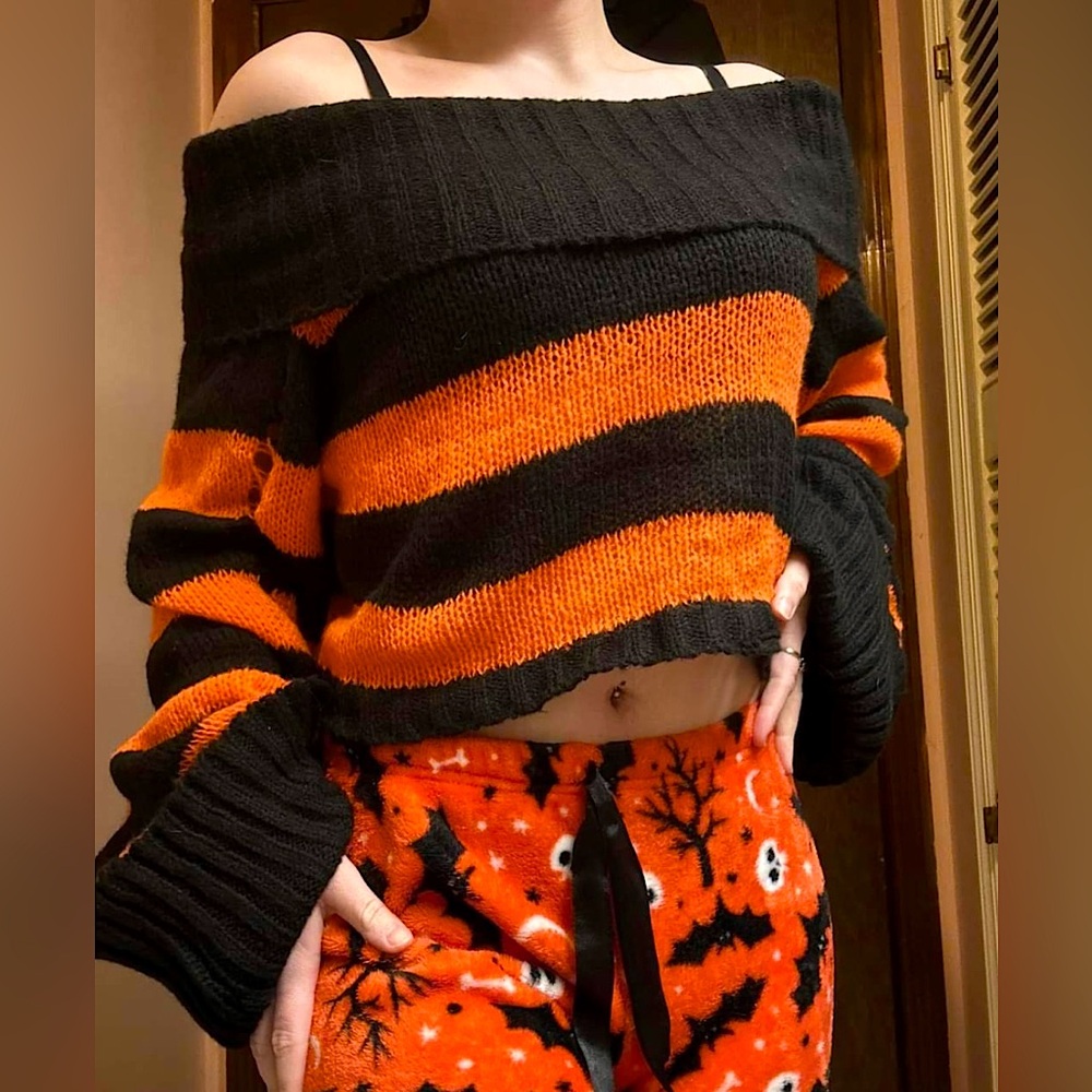Distressed Off The Shoulder Orange And Black Striped Sweater Fall Small Medium